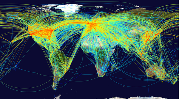 Die Ausbreitung von Pandemien lässt sich anhand von Passagierströmen im Flugverkehr prognostizieren. (Bild: MPI für Dynamik und Selbstorganisation, Göttingen)