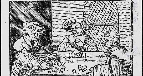 "Rechnung auff der Linihen und Federn", titelblad van het rekenboek van Adam Ries, 1533